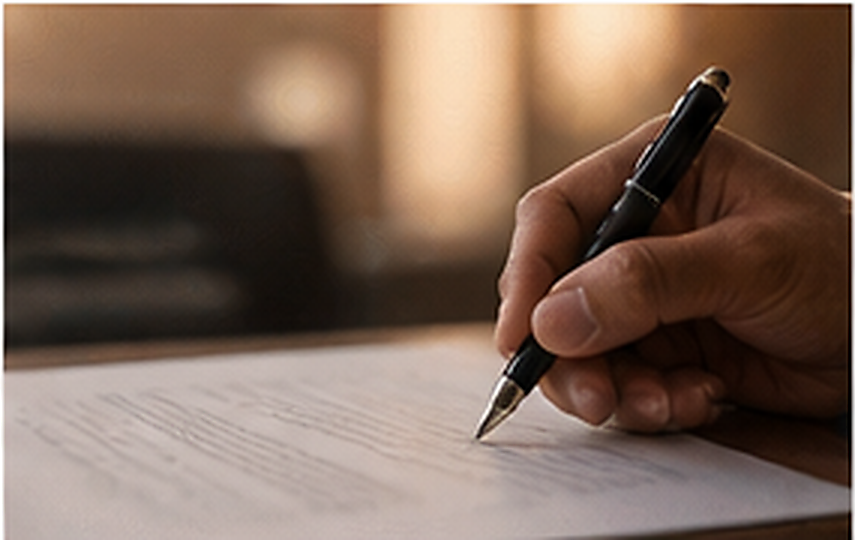 Close-up of a document being signed
